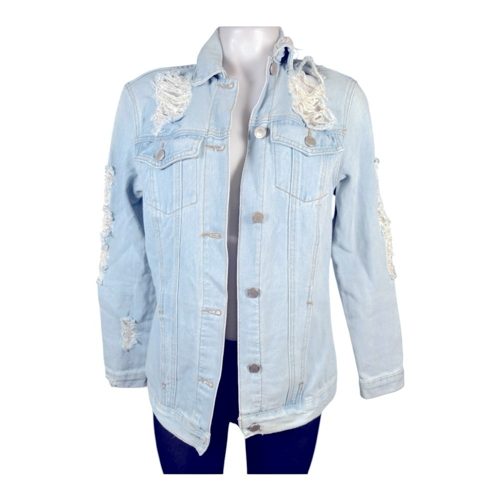 FASHION NOVA Distressed Light Blue Denim Jacket size XS oversized pre-loved - Picture 5 of 14
